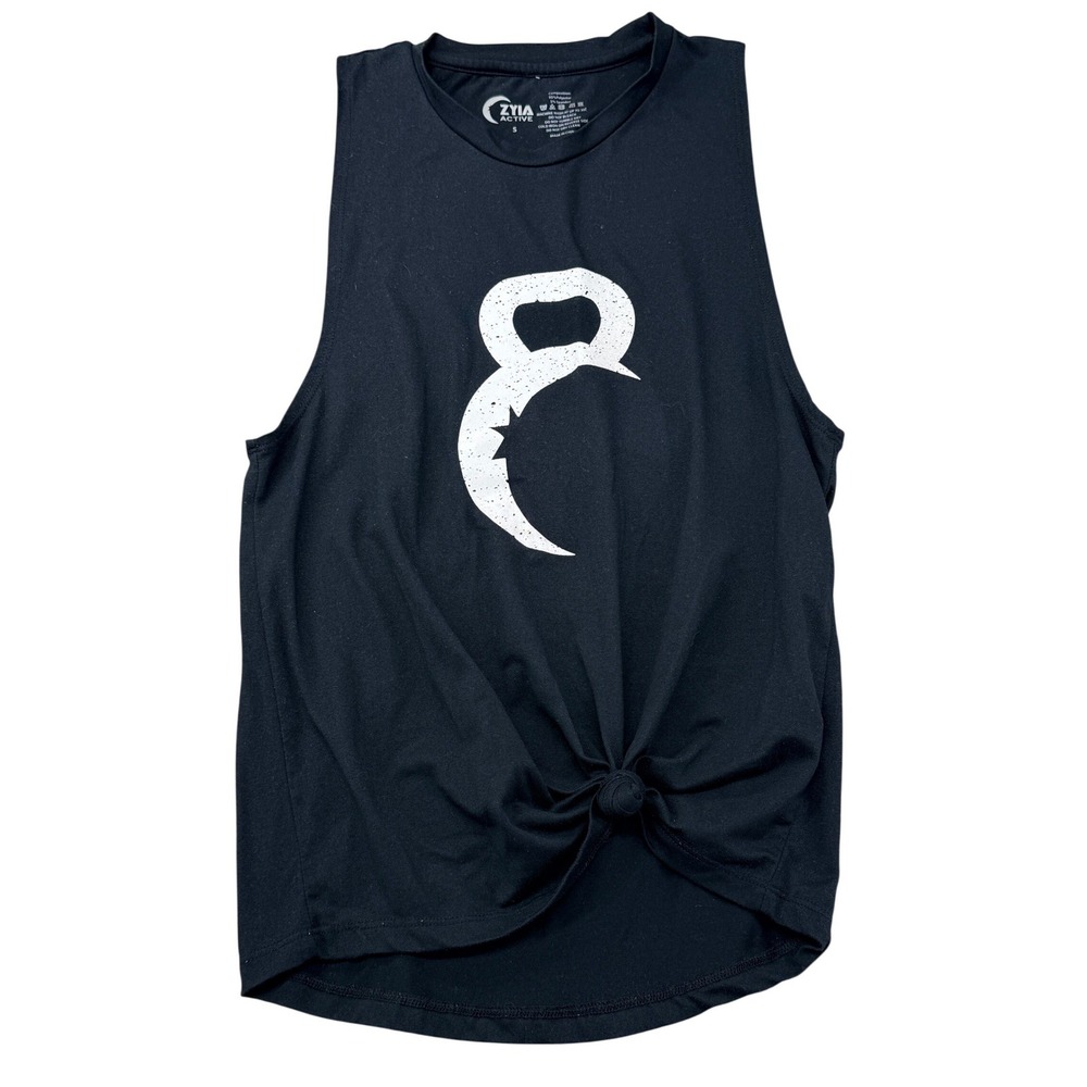 Zyia Active Tank Top Womens Small Black Kettlebell Graphic Front Knot Muscle Tee